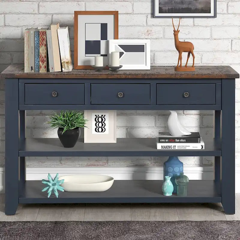 Modern Solid Pine Wood Top Console Table with 3 Drawers and 2 Shelves