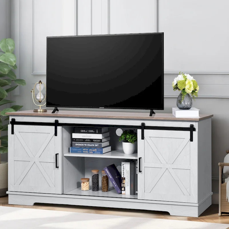 Meuble TV de ferme Moasis avec console média de porte de grange et centre de divertissement avec armoires de rangement