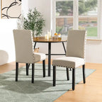 Glitzhome 38H Set of 2 High Back Linen Fabric Studded Dining Chairs with Footpads