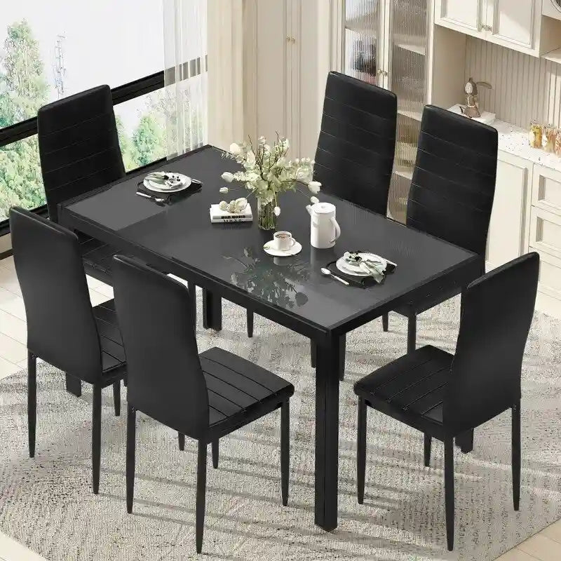 Grondin Modern Style 7-Piece Dining Room Table Set with Tempered Glass Tabletop and 6 PU Leather Upholstered Chairs