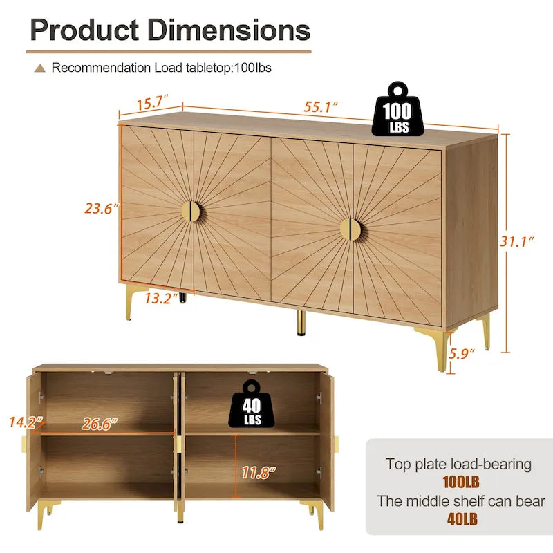 Buffet de salle à manger avec rangement, meuble à quatre portes avec étagères réglables, meuble de rangement, meuble de bar à café