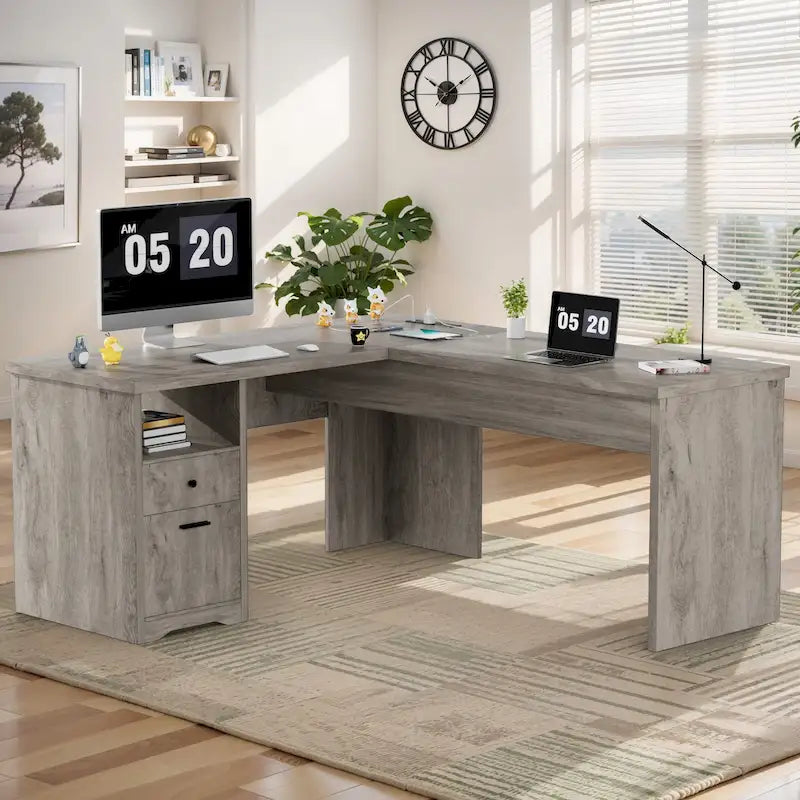 Bureau d'angle en L moderne style ferme avec plateau relevable, tiroirs pour dossiers et station de charge pour le bureau à domicile