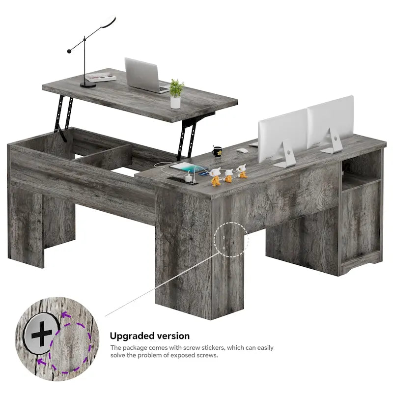 Modern Farmhouse Lift Top L-Shaped Desk with Charge Station, Corner Desk with File Drawers for Home Office