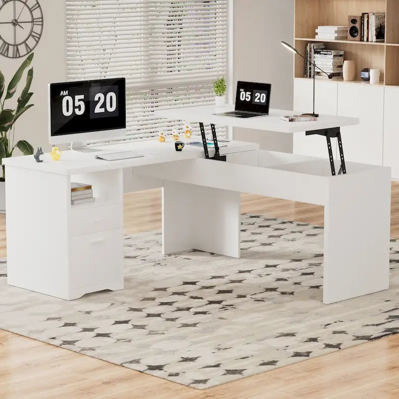 Modern Farmhouse Lift Top L-Shaped Desk with Charge Station, Corner Desk with File Drawers for Home Office