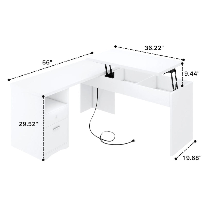 Modern Farmhouse Lift Top L-Shaped Desk with Charge Station, Corner Desk with File Drawers for Home Office