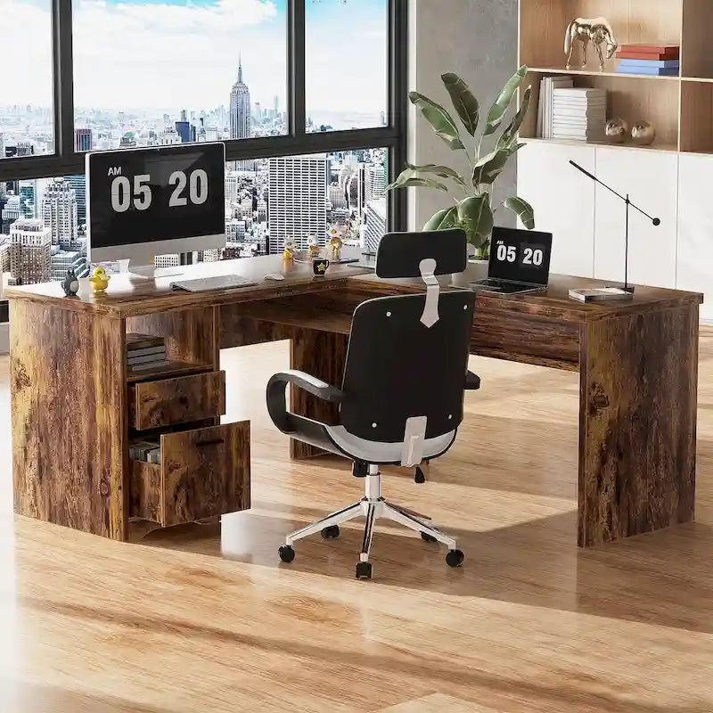 Modern Farmhouse Lift Top L-Shaped Desk with Charge Station, Corner Desk with File Drawers for Home Office