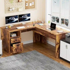 Modern Farmhouse Lift Top L-Shaped Desk with Charge Station, Corner Desk with File Drawers for Home Office