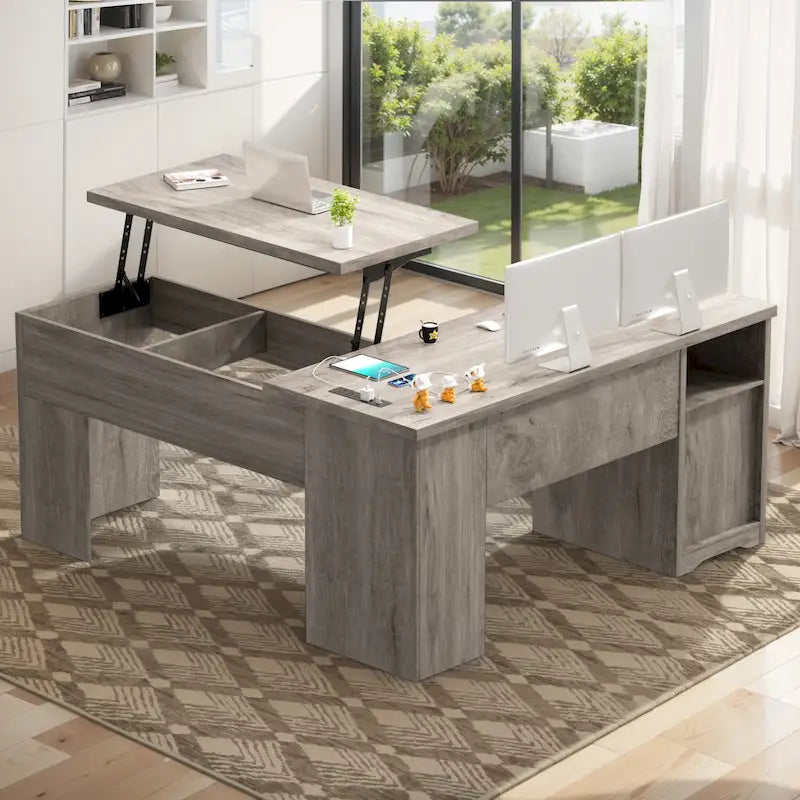 Modern Farmhouse Lift Top L-Shaped Desk with Charge Station, Corner Desk with File Drawers for Home Office