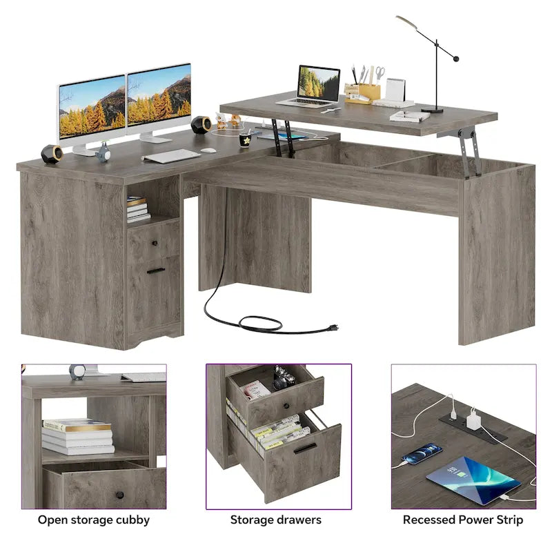 Modern Farmhouse Lift Top L-Shaped Desk with Charge Station, Corner Desk with File Drawers for Home Office