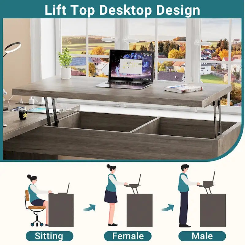 Modern Farmhouse Lift Top L-Shaped Desk with Charge Station, Corner Desk with File Drawers for Home Office