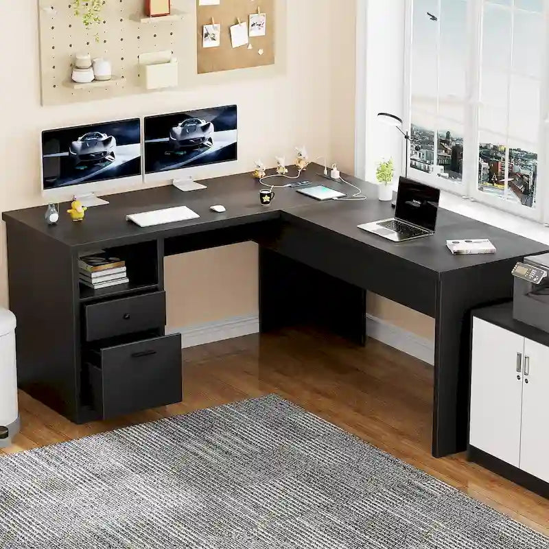 Modern Farmhouse Lift Top L-Shaped Desk with Charge Station, Corner Desk with File Drawers for Home Office