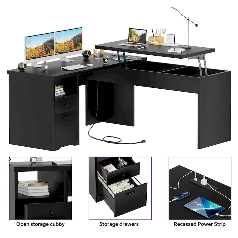 Modern Farmhouse Lift Top L-Shaped Desk with Charge Station, Corner Desk with File Drawers for Home Office