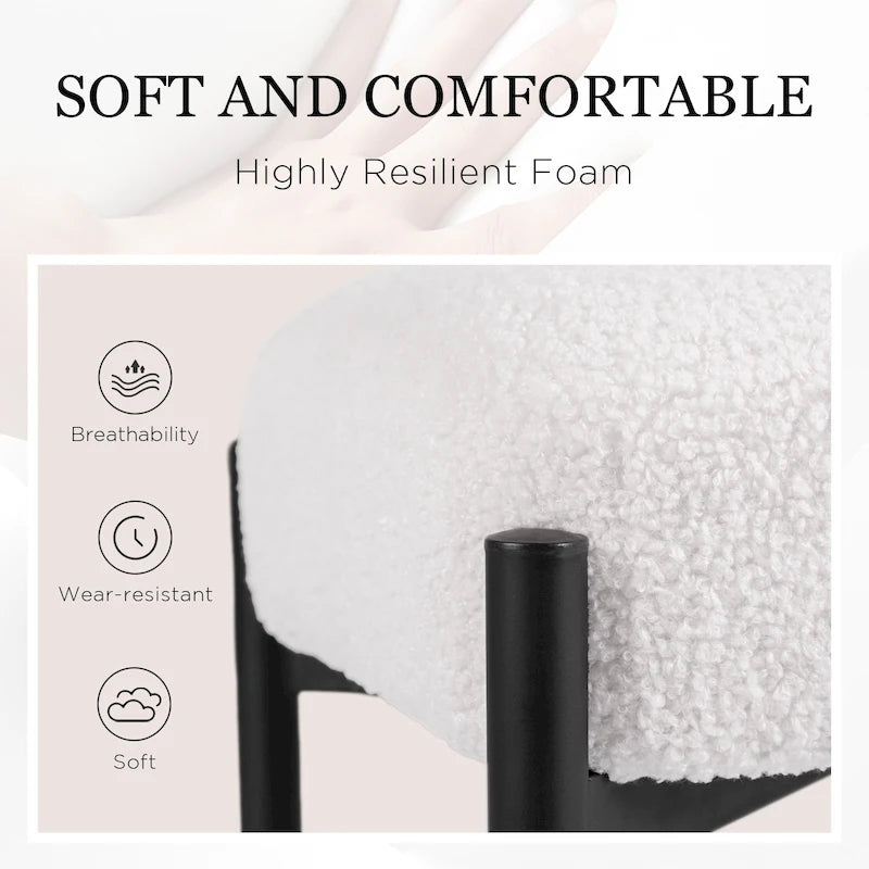 Faux Teddy Fur Round Vanity Stool, Ottoman Foot Stool