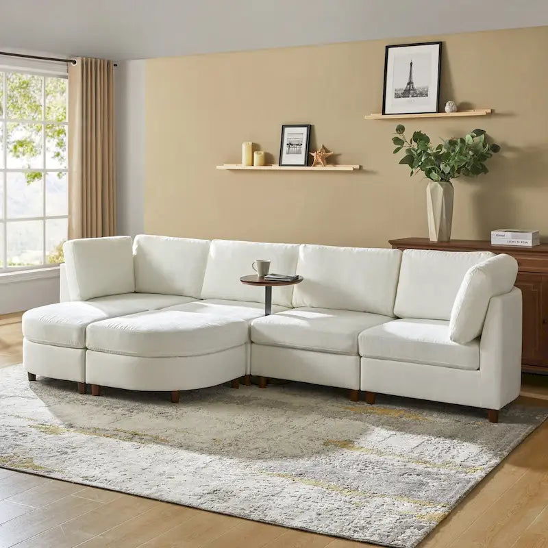 Sofá Seccional Modular con Almacenamiento Debajo del Asiento, Mesa Incorporada y Patas de Madera Maciza