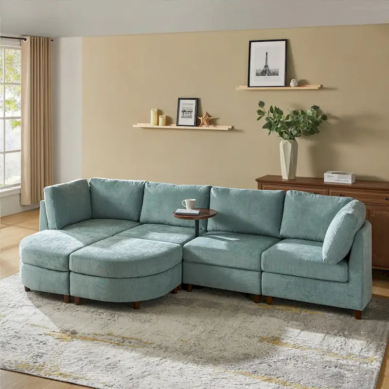 Sofá Seccional Modular con Almacenamiento Debajo del Asiento, Mesa Incorporada y Patas de Madera Maciza