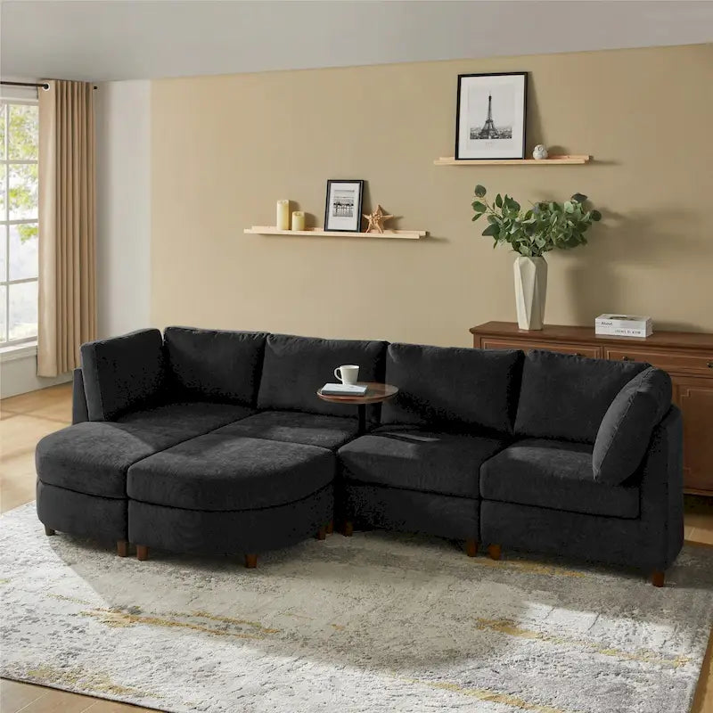 Sofá Seccional Modular con Almacenamiento Debajo del Asiento, Mesa Incorporada y Patas de Madera Maciza
