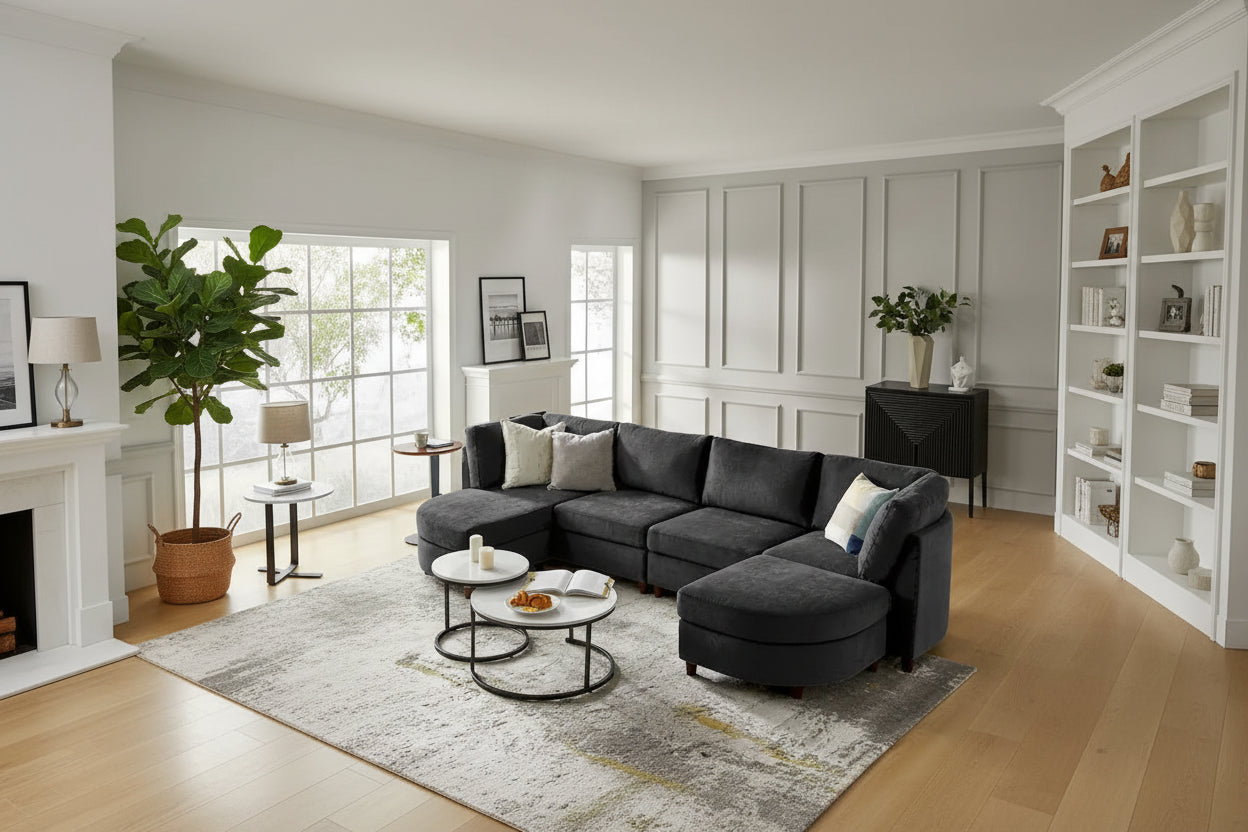 Mattia Modern Under-seat Storage Sectional Sofa with Round Table and Solid Wood Legs by HULALA HOME