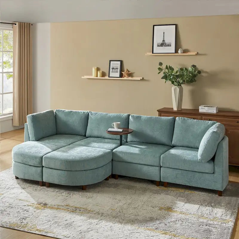 Sofá Seccional Modular con Almacenamiento Debajo del Asiento, Mesa Incorporada y Patas de Madera Maciza