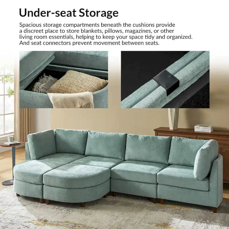 Sofá Seccional Modular con Almacenamiento Debajo del Asiento, Mesa Incorporada y Patas de Madera Maciza