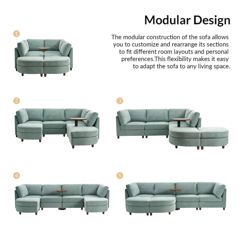 Sofá Seccional Modular con Almacenamiento Debajo del Asiento, Mesa Incorporada y Patas de Madera Maciza