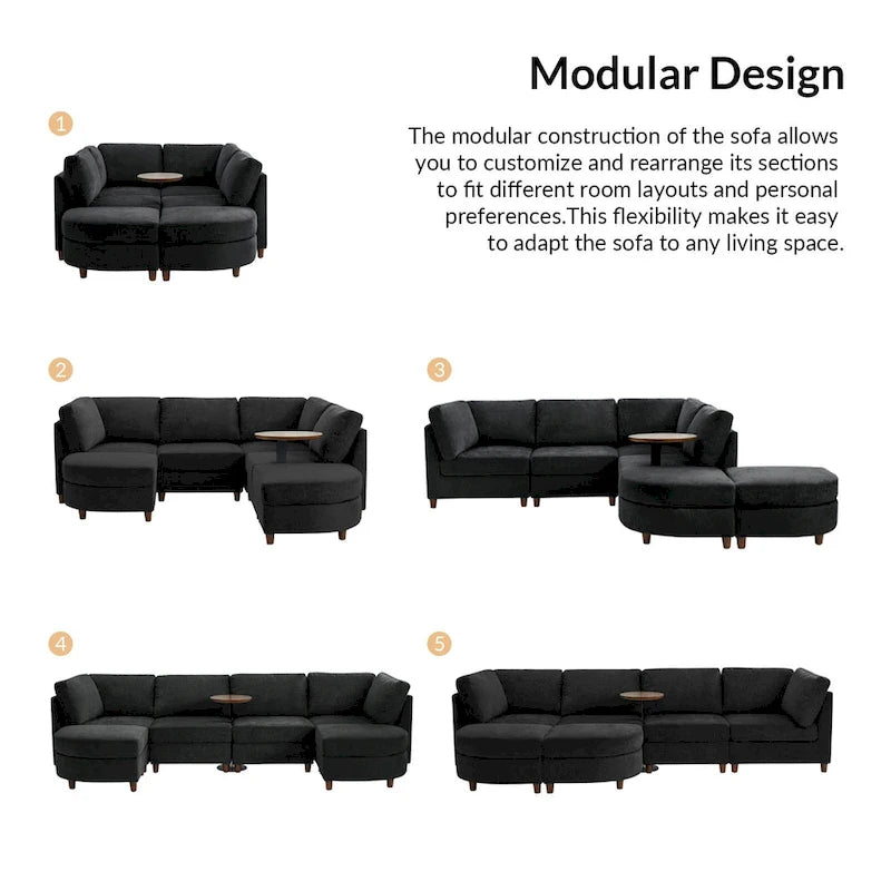 Sofá Seccional Modular con Almacenamiento Debajo del Asiento, Mesa Incorporada y Patas de Madera Maciza