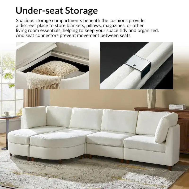 Sofá Seccional Modular con Almacenamiento Debajo del Asiento, Mesa Incorporada y Patas de Madera Maciza