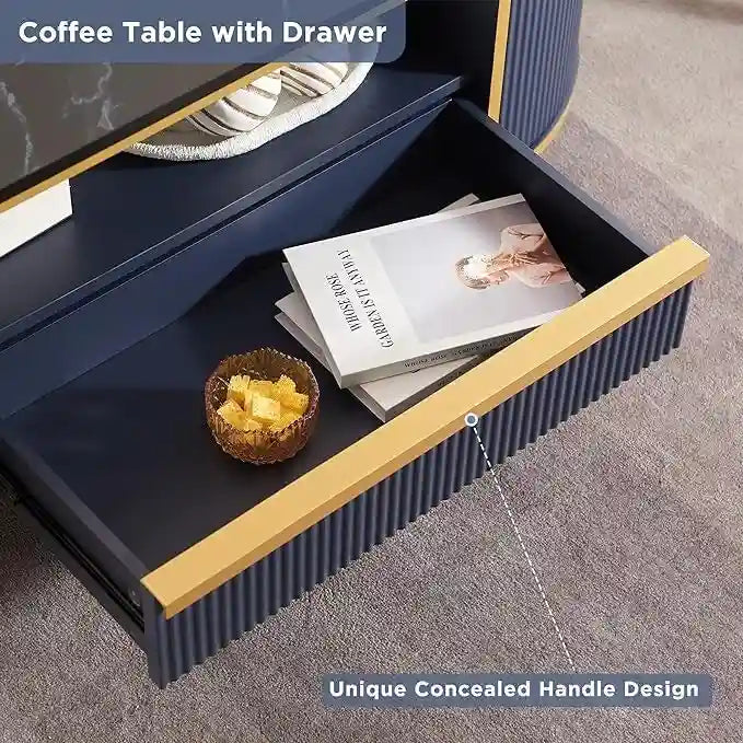 Modern Luxury Fluted Coffee Table, Center Table with Faux Marble Top