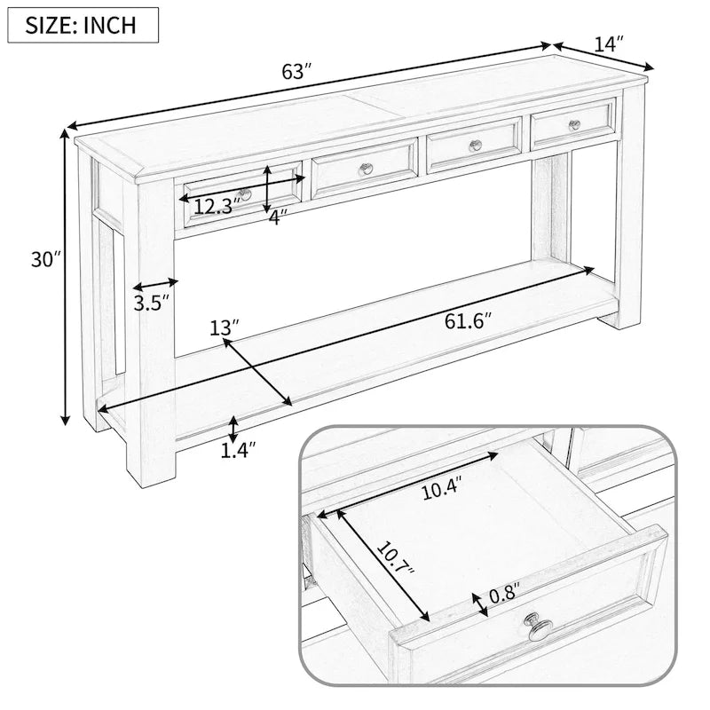 Console Table/Sofa Table with Storage Drawers and Bottom Shelf - 63L x 14W x 30H