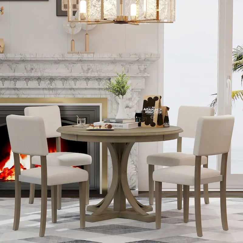 5-Piece Round Dining Table Set with Curved Trestle Style Table Legs and 4 Chairs