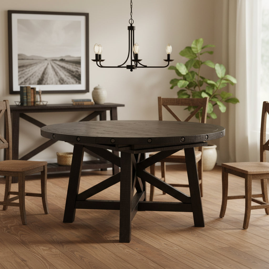 Liu 54 - 72 Inch Round Dining Table, Acacia Wood, Extendable, Dark Brown