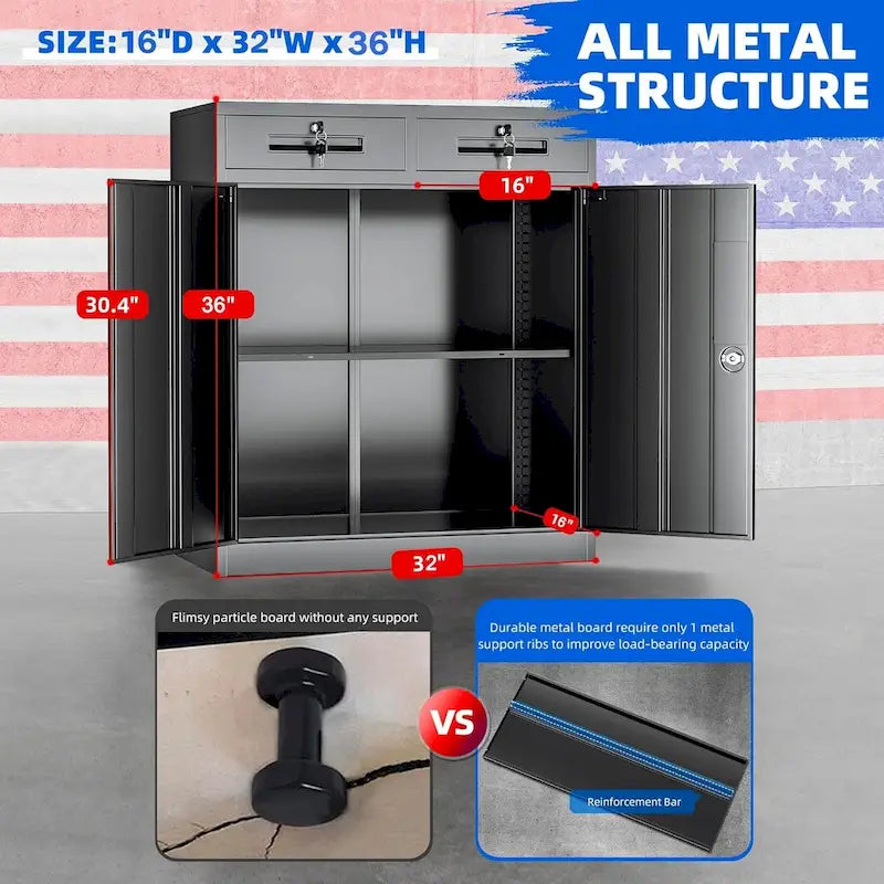 36 H Metal Locking Garage Storage Cabinet with 2 Drawers and Adjustable Shelves