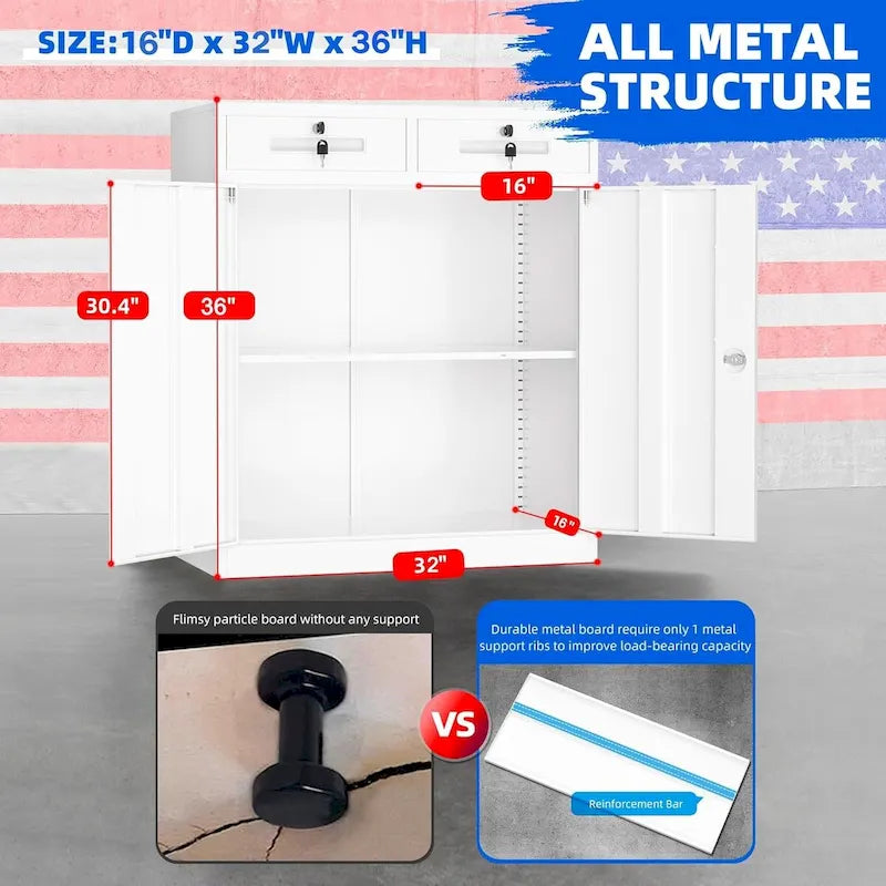 36 H Metal Locking Garage Storage Cabinet with 2 Drawers and Adjustable Shelves