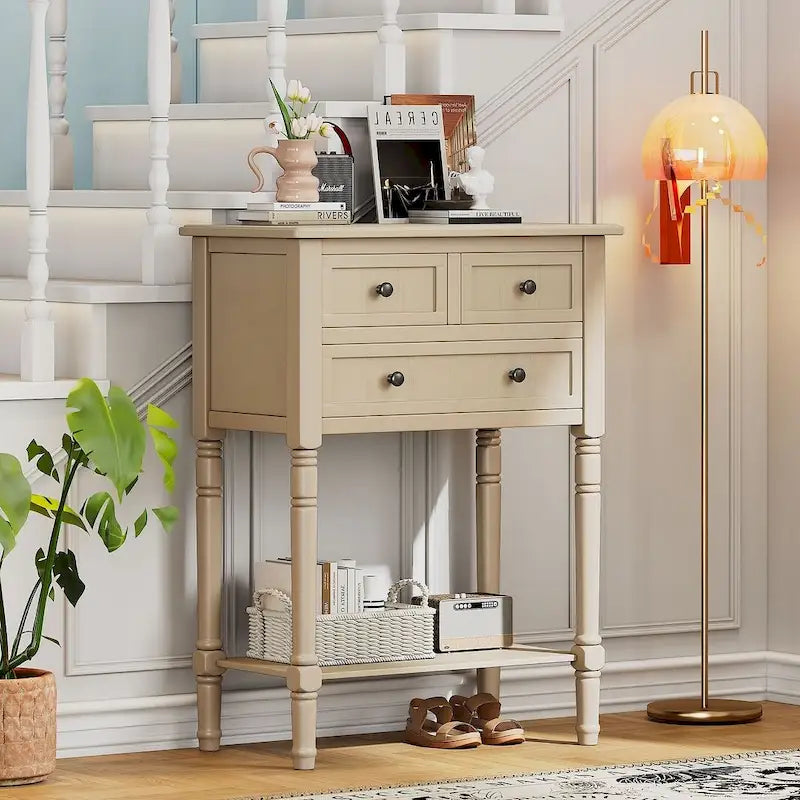23.7 Farmhouse Solid Wood Console Table with 3 Drawers and Bottom Shelf