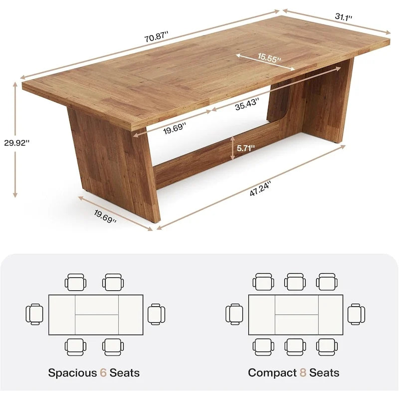 Table de salle à manger de style rustique de 180 cm pour 6 à 8 personnes avec pied central solide