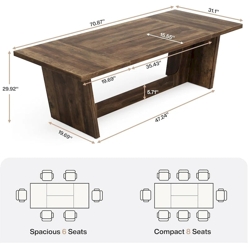 Table de salle à manger de style rustique de 180 cm pour 6 à 8 personnes avec pied central solide