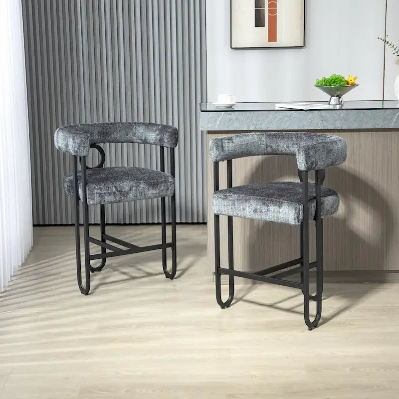 Tabourets de bar contemporains avec repose-pieds, revêtement chenille et cuir (lot de 2)
