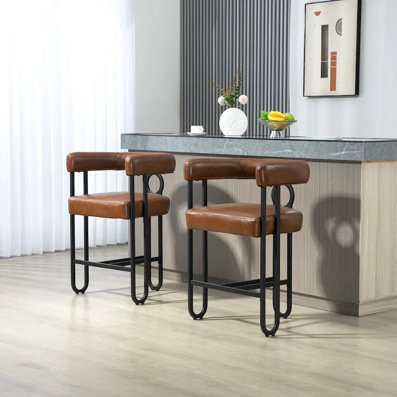 Tabourets de bar contemporains avec repose-pieds, revêtement chenille et cuir (lot de 2)