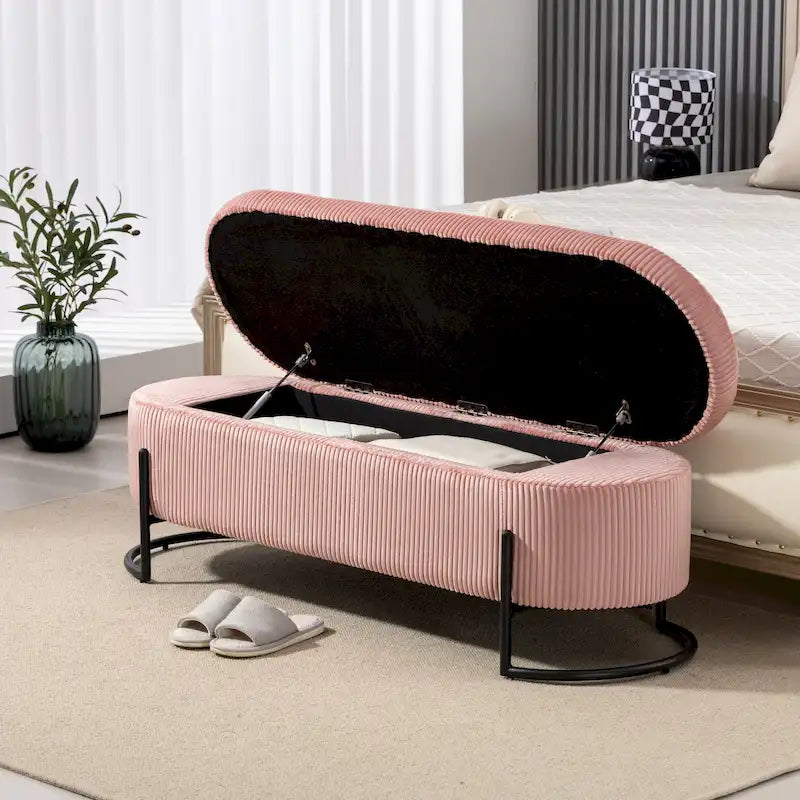 Banc de rangement ottoman rembourré en velours côtelé avec charnière de sécurité et pieds en métal