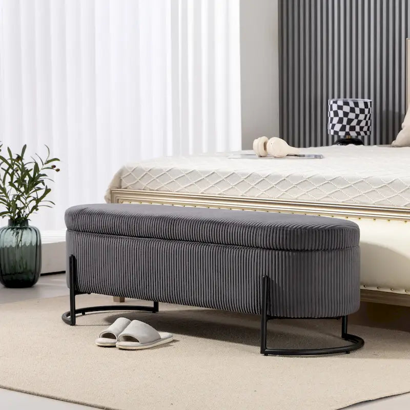 Banc de rangement ottoman rembourré en velours côtelé avec charnière de sécurité et pieds en métal