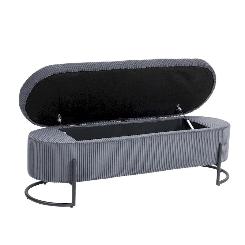 Banc de rangement ottoman rembourré en velours côtelé avec charnière de sécurité et pieds en métal