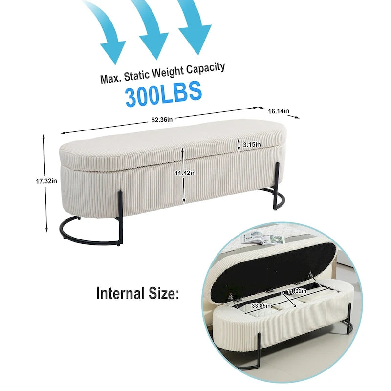 Banc de rangement ottoman rembourré en velours côtelé avec charnière de sécurité et pieds en métal