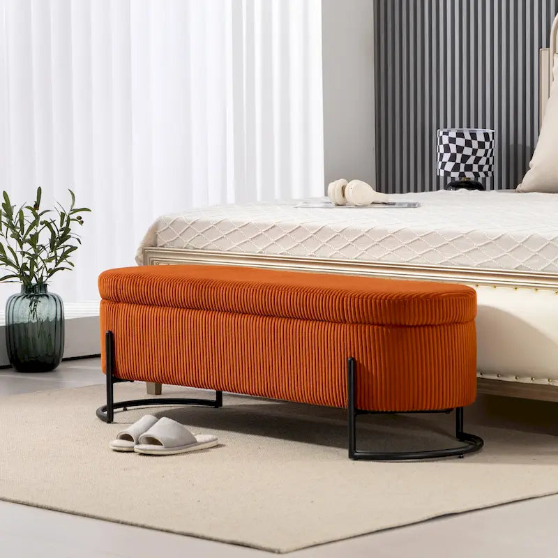 Banc de rangement ottoman rembourré en velours côtelé avec charnière de sécurité et pieds en métal