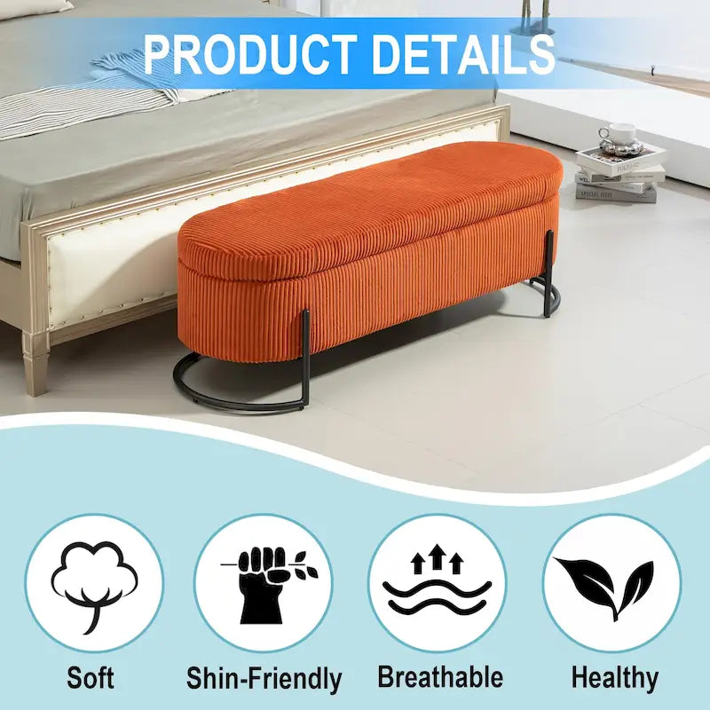 Banc de rangement ottoman rembourré en velours côtelé avec charnière de sécurité et pieds en métal