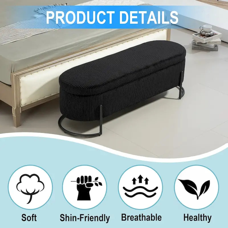 Banc de rangement ottoman rembourré en velours côtelé avec charnière de sécurité et pieds en métal